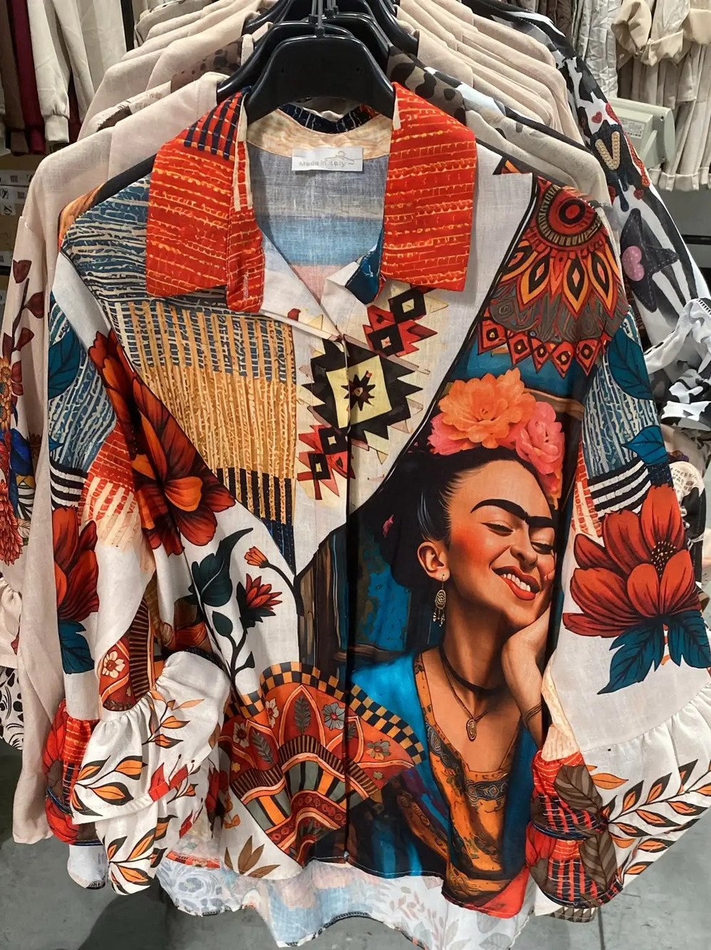 L708 | Loowie Tribal Frida Print Button Dwn Shirt | Ruffle Sleevs | One Size S-L